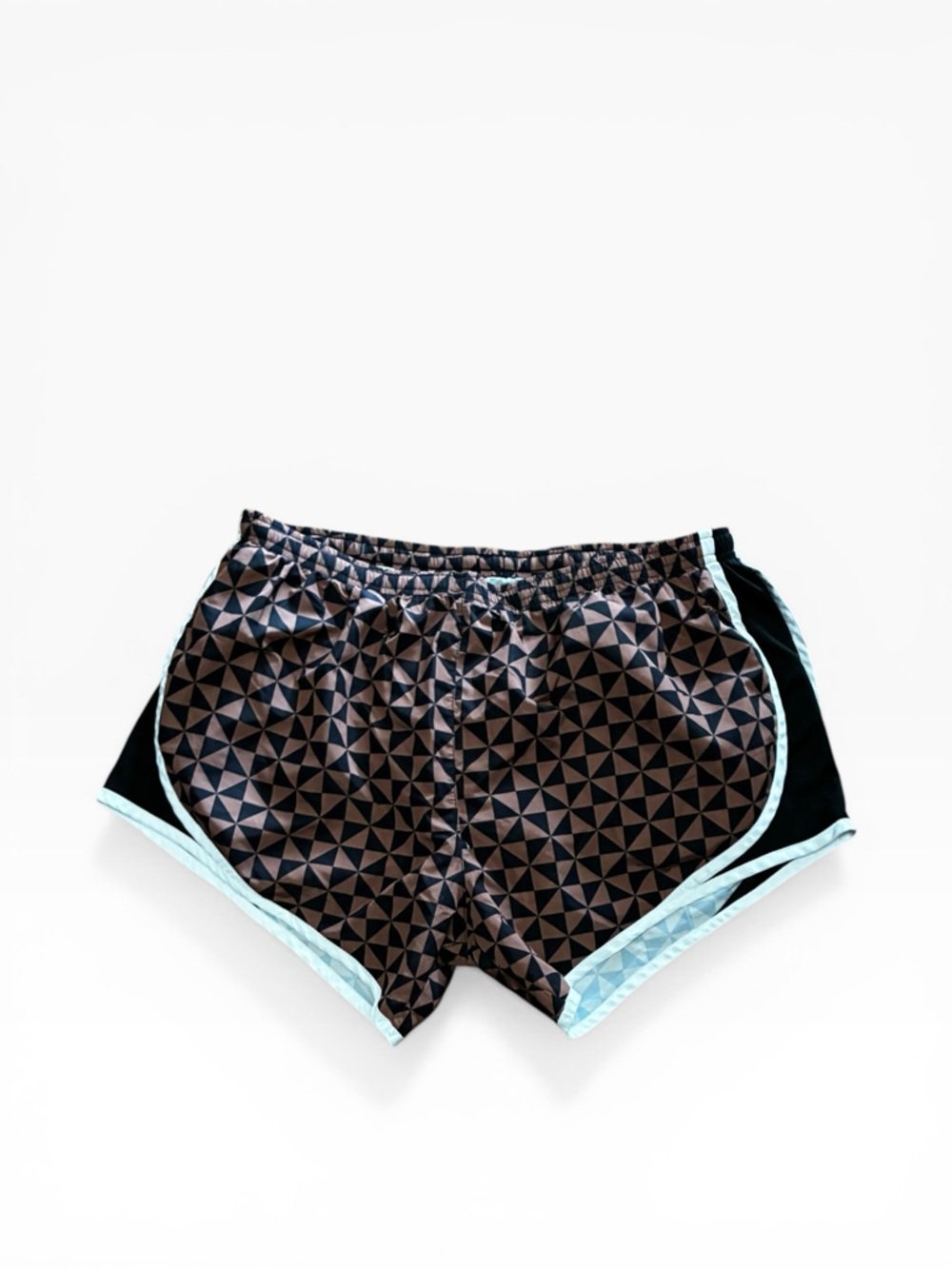 Geo-Print Athletic Running Shorts in Black with Light Blue Trim